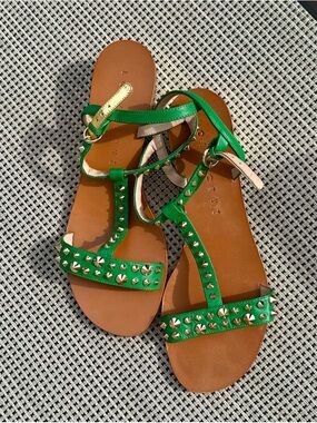 Lola Cruz Studded Leather Gladiator Sandals, Green, 39 EU, 8 US